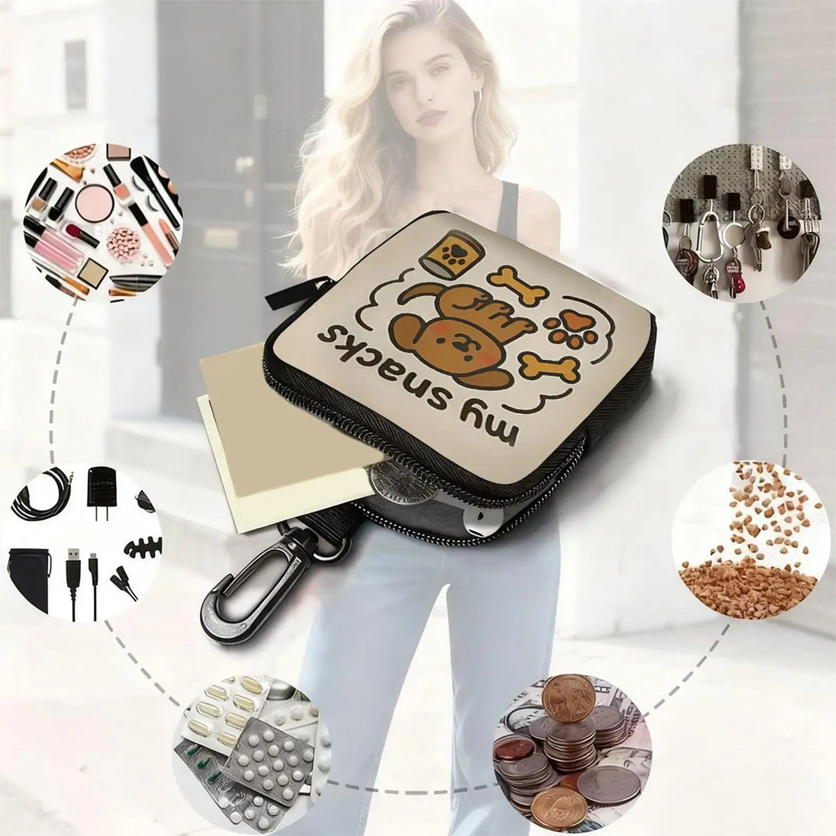 Dog Treat Pouch with Carabiner Clip, Compact Zipper Bag