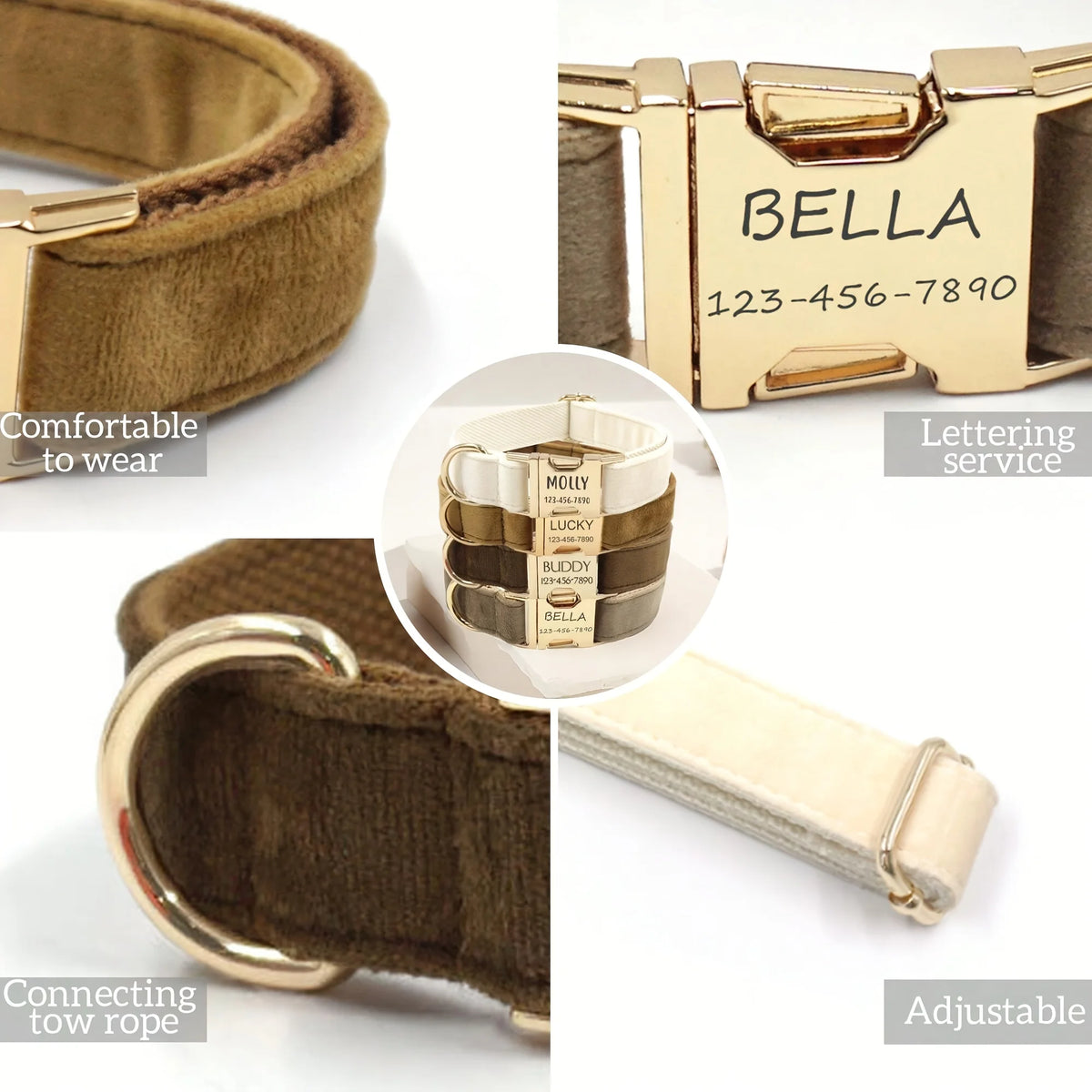 Personalized Velvet Dog Collar with Engraved Name ID Tag