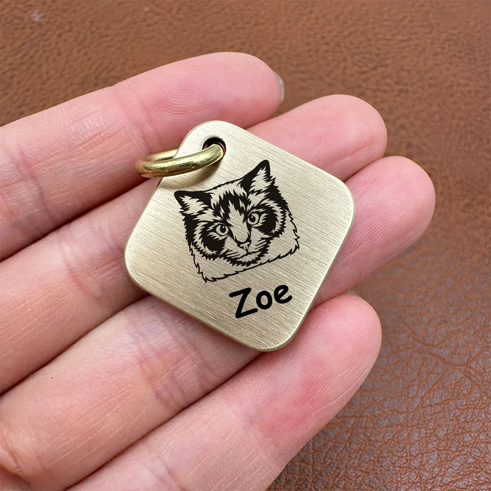 Engraved Brass Dog ID Tag, Square Personalized Pet Tag
