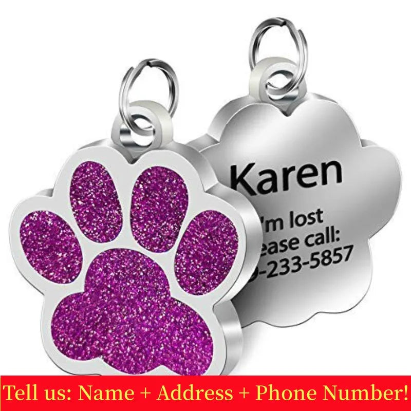 Glitter Paw Dog ID Tag, Engraved Stainless Steel Pet Tag