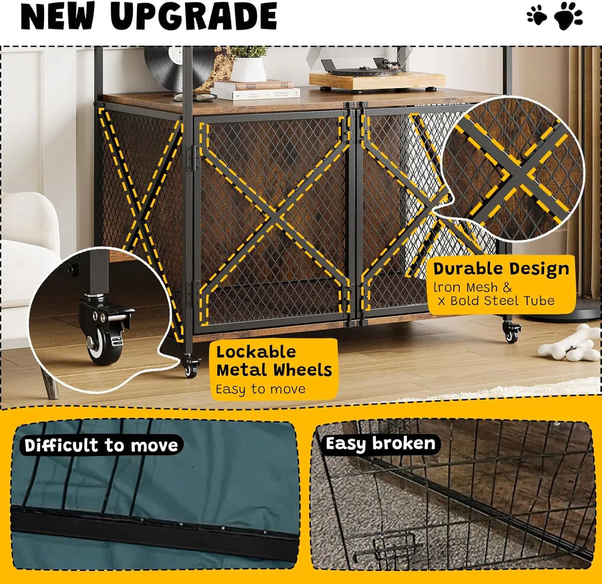Heavy Duty Dog Crate Furniture with 360° Wheels