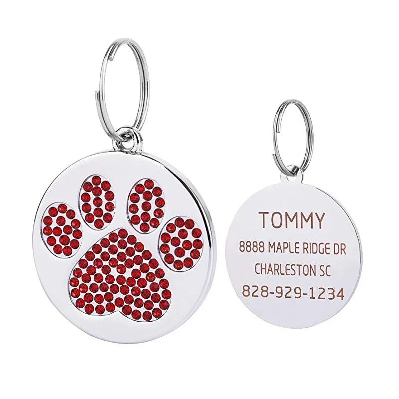 Glitter Paw Dog ID Tag, Engraved Stainless Steel Pet Tag