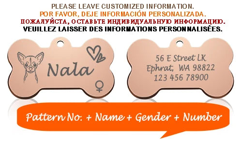 Engraved Dog Face Bone ID Tag, Personalized with Name and Gender