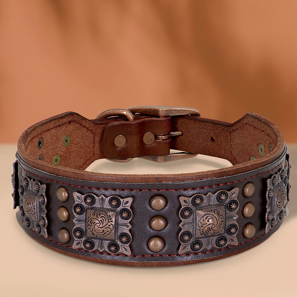 Genuine Leather Spiked Dog Collar, 2 Inch Wide for Large Dogs