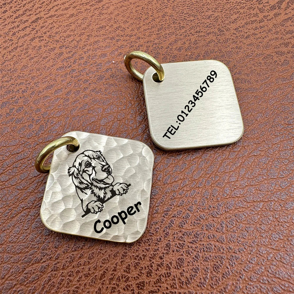 Engraved Brass Dog ID Tag, Square Personalized Pet Tag