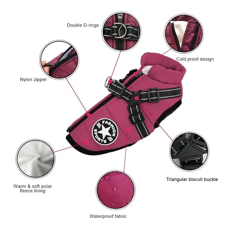Large Dog Winter Coat with Built-In Harness, Up to 5XL