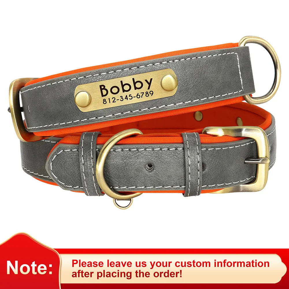 PU Leather Dog Collar with Engraved Nameplate ID Tag, Padded