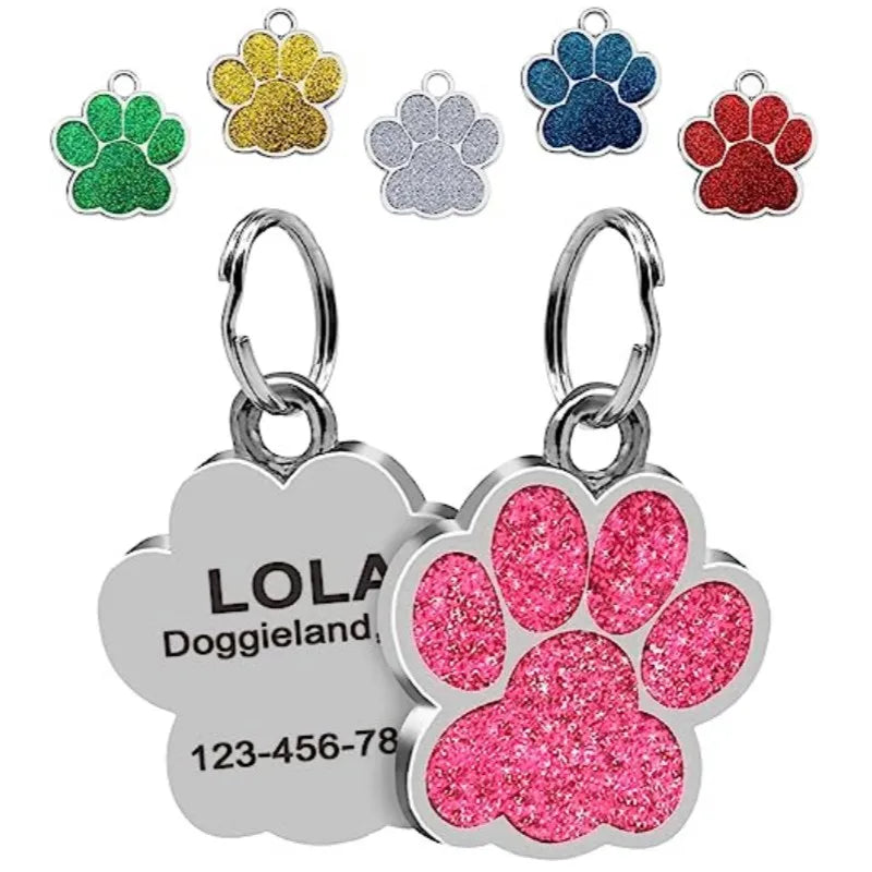Glitter Paw Dog ID Tag, Engraved Stainless Steel Pet Tag