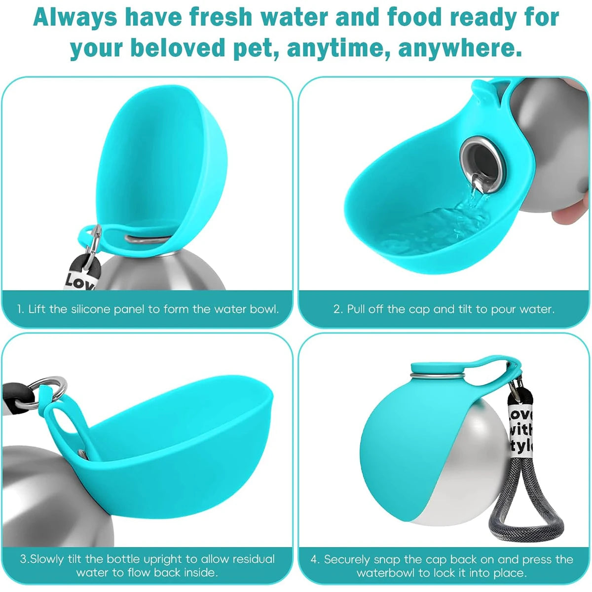 Portable Dog Water Bottle with Fold-Out Silicone Bowl, 9.6 oz
