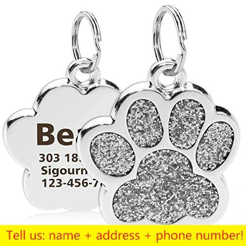 Glitter Paw Dog ID Tag, Engraved Stainless Steel Pet Tag