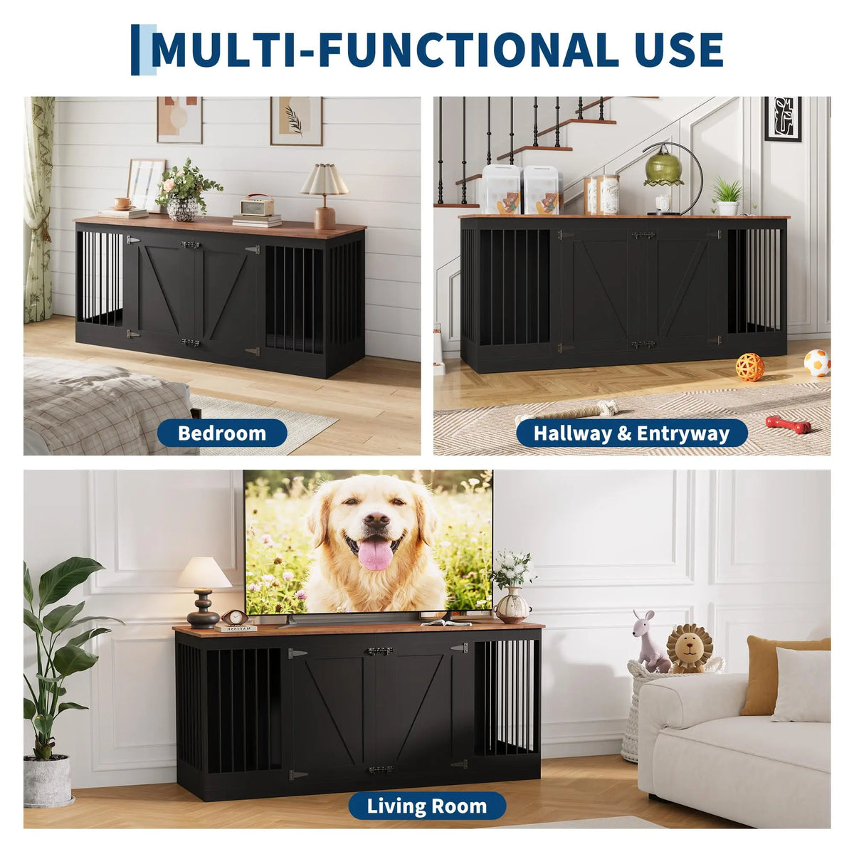 70.8" Farmhouse Double Dog Crate Furniture with Divider