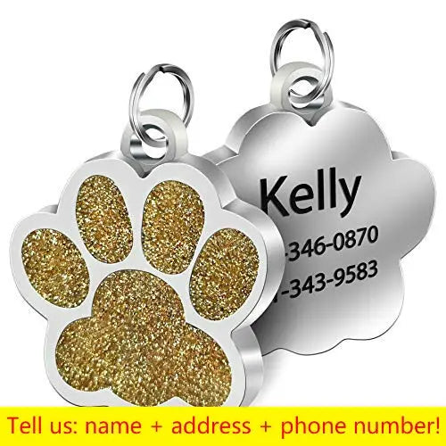 Glitter Paw Dog ID Tag, Engraved Stainless Steel Pet Tag