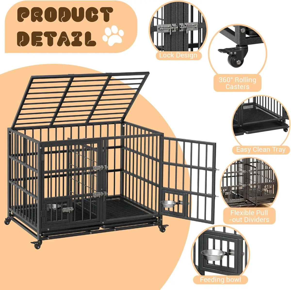 42 Inch Heavy Duty Dog Crate with Feeding Doors
