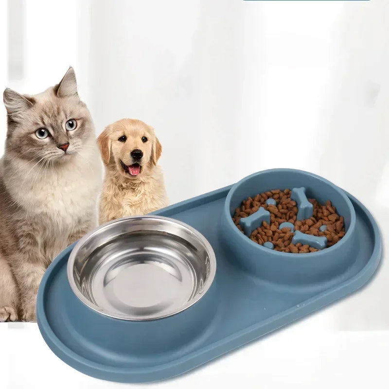 Stainless Steel Double Dog Bowl with Non-Slip Silicone Mat