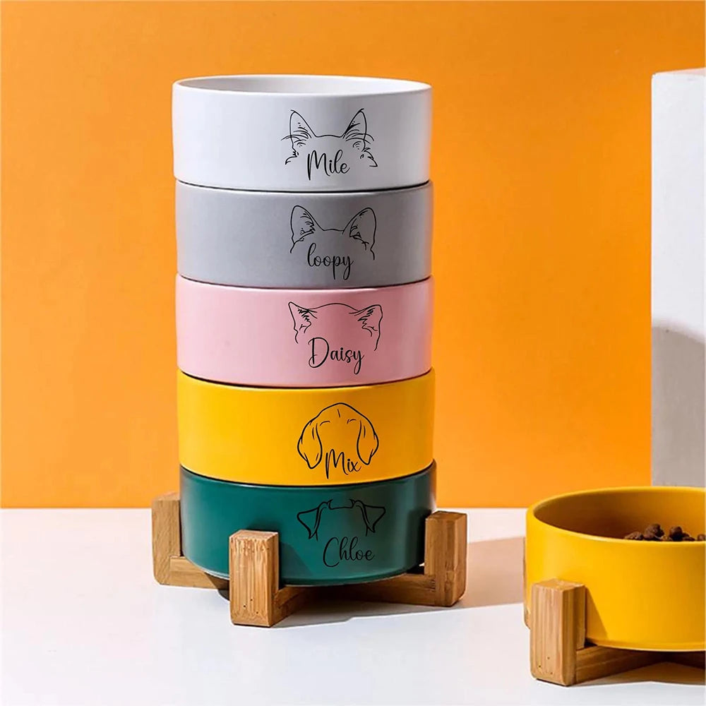 Personalized Ceramic Pet Bowl with Wood Stand for Cats and Small Dogs