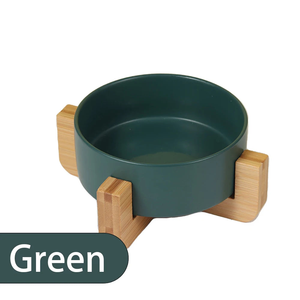 Personalized Ceramic Pet Bowl with Wood Stand for Cats and Small Dogs