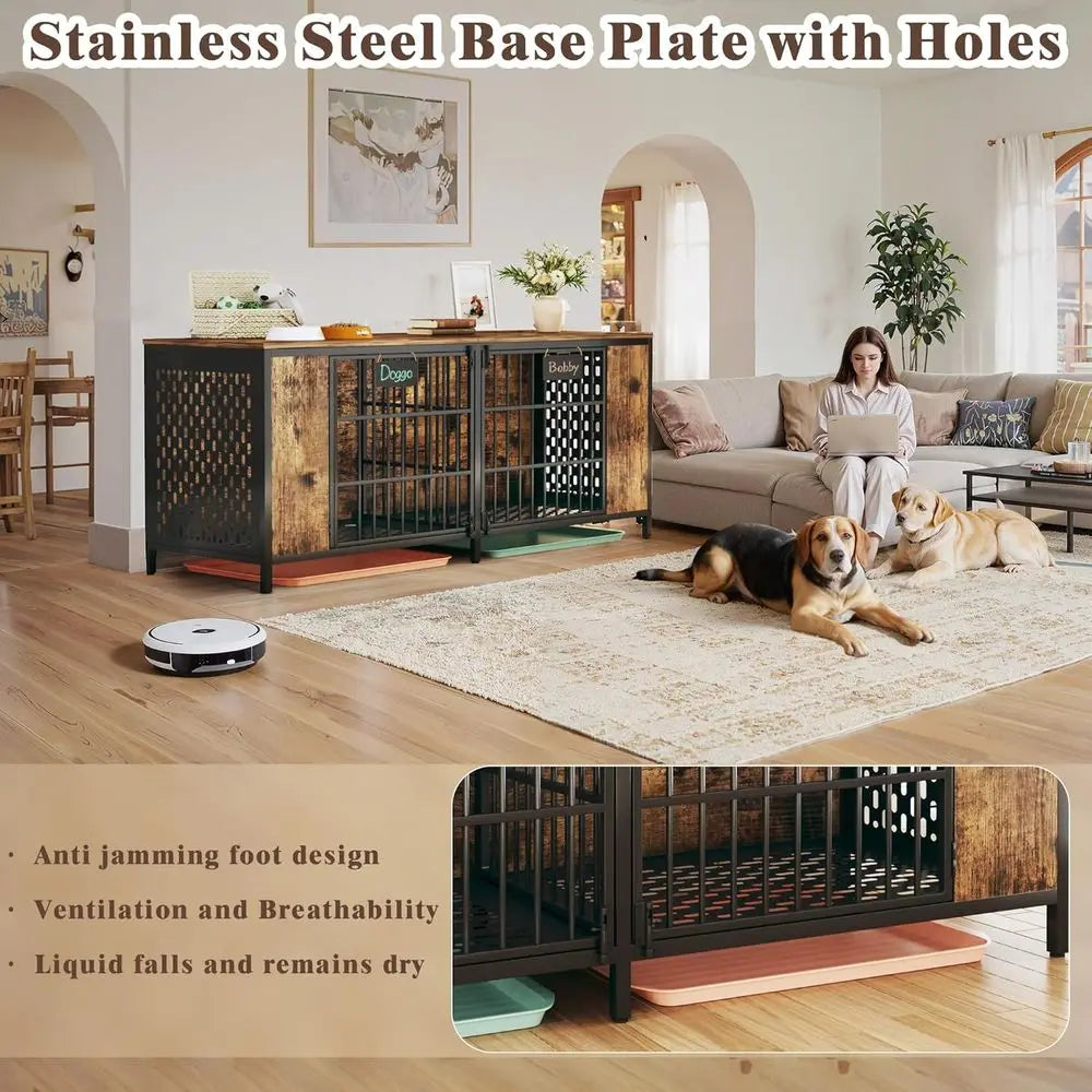 63 Inch Double Dog Crate Furniture for 2 Medium Dogs