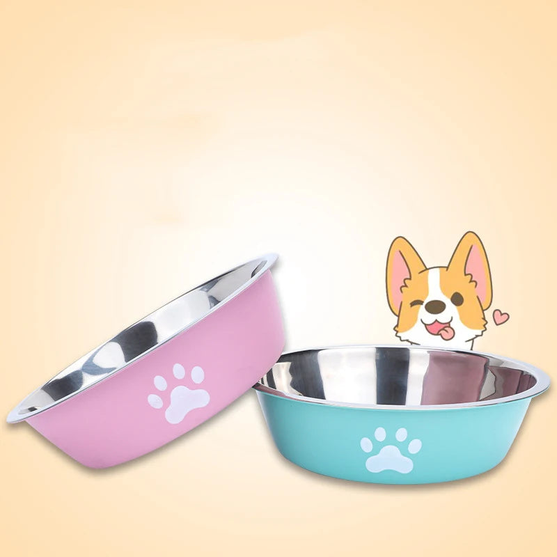 Stainless Steel Dog Bowl with Paw Print and Non-Slip Base
