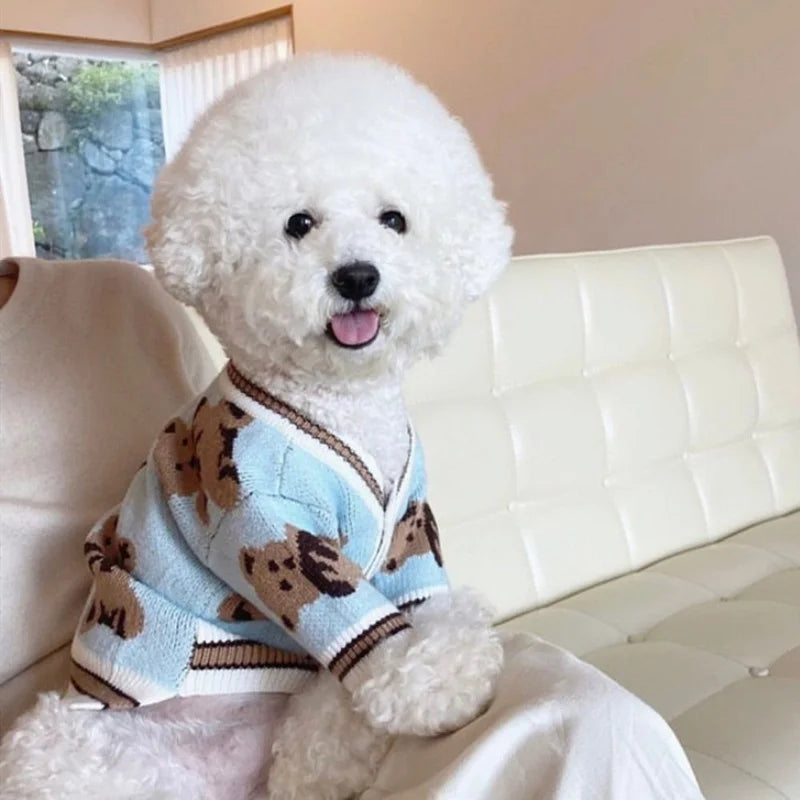 Knit Dog Cardigan Sweater for Small Dogs, Striped or Bear Print