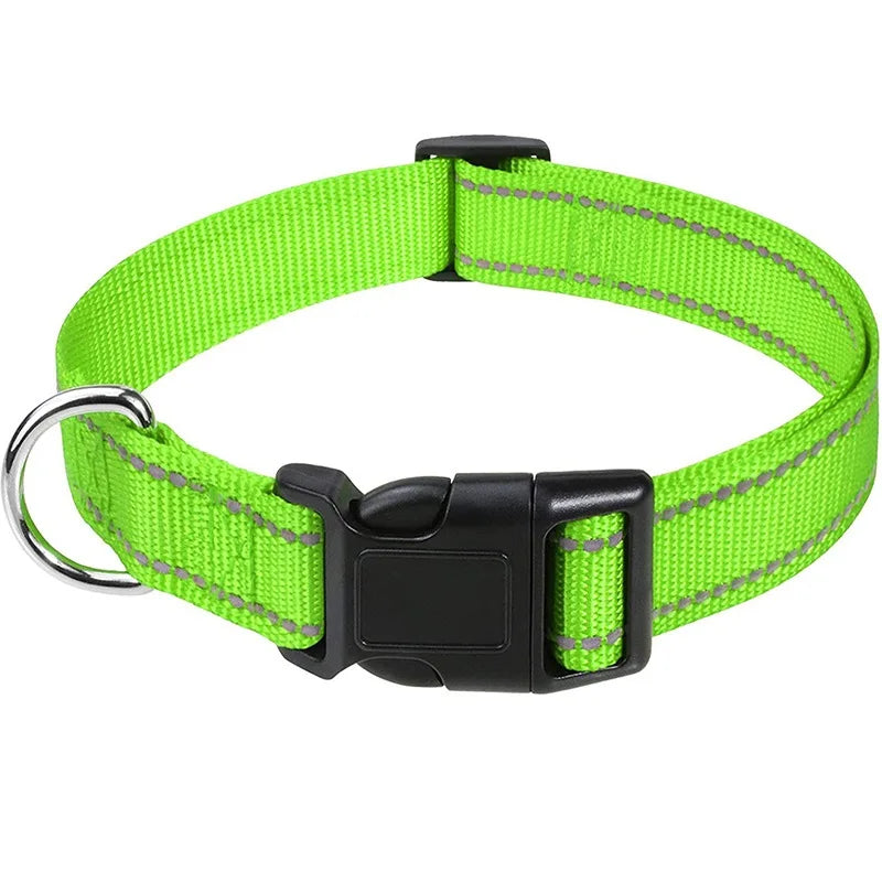 Reflective Nylon Dog Collar, Adjustable, XS to XL in 10 Colors