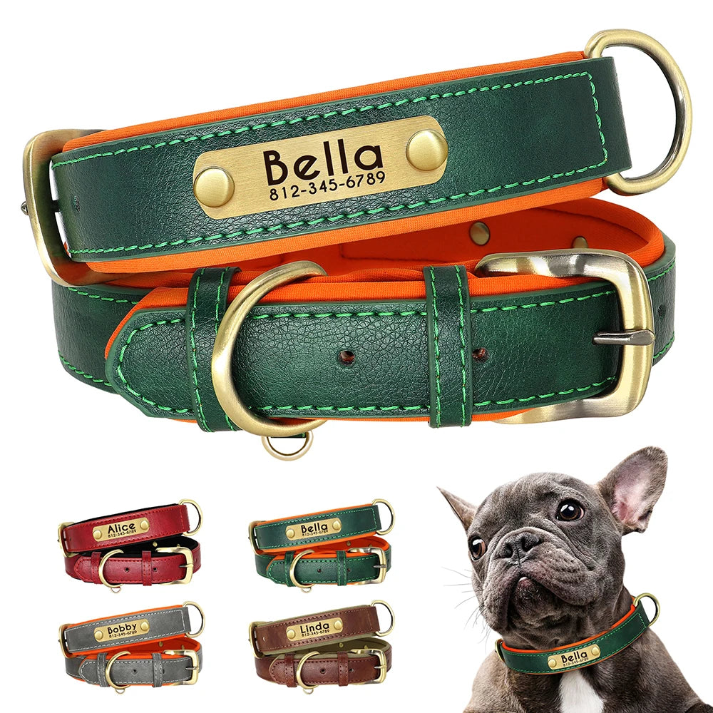 PU Leather Dog Collar with Engraved Nameplate ID Tag, Padded