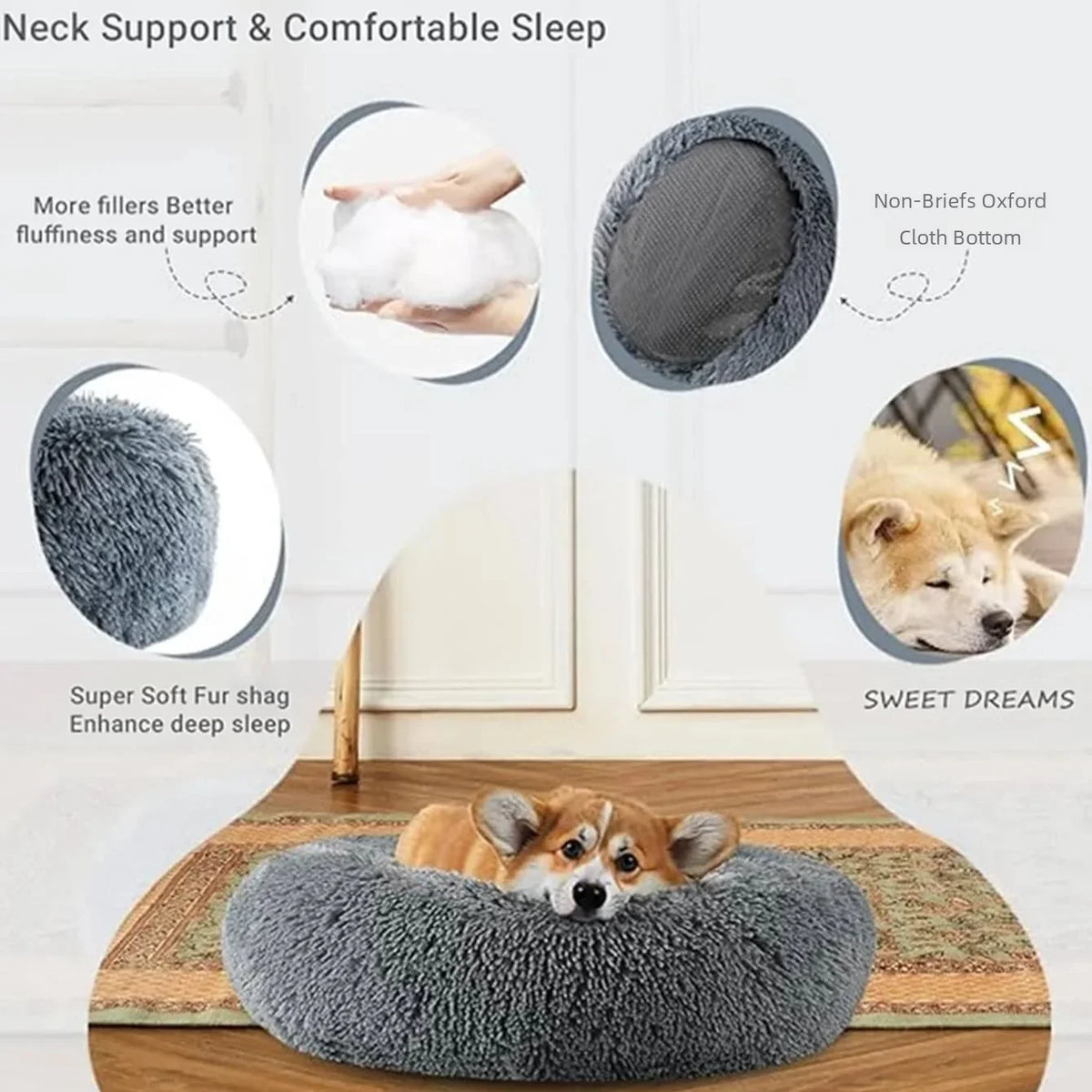 Machine Washable Donut Dog Bed, Plush Round Bed in 6 Sizes