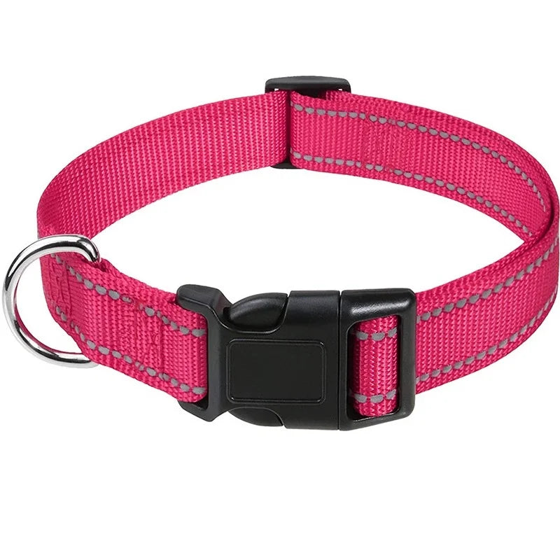 Reflective Nylon Dog Collar, Adjustable, XS to XL in 10 Colors