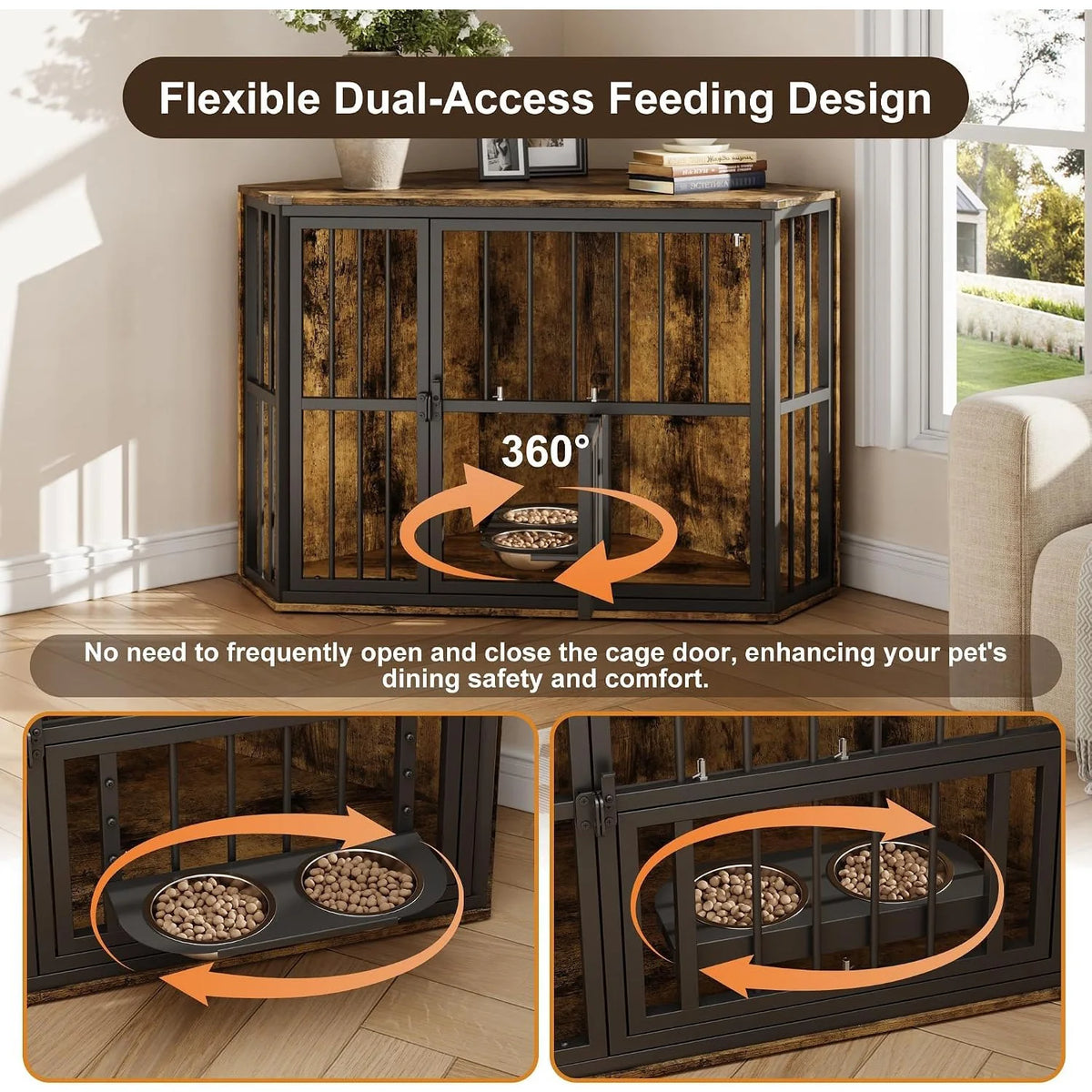 Corner Dog Crate Furniture with Rotating Feeding Door