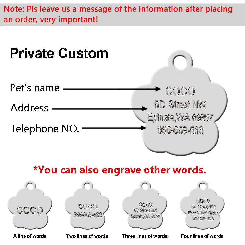 Glitter Paw Dog ID Tag, Engraved Stainless Steel Pet Tag