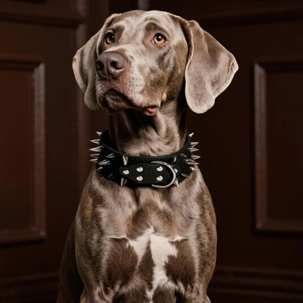 Spiked Dog Collar with Sharp Rivets, Adjustable PU Leather
