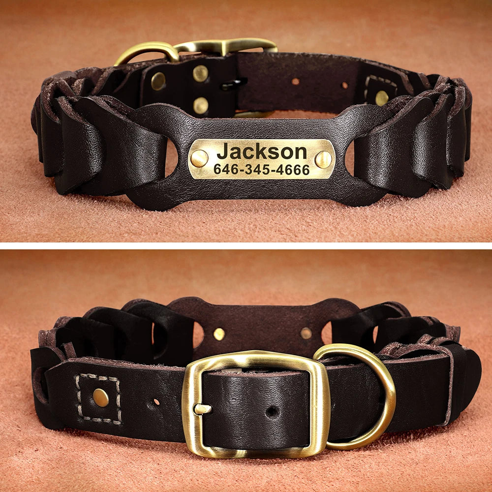 Genuine Leather Personalized Dog Collar for Pitbulls and Large Dogs