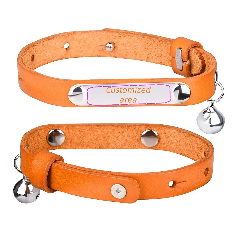 Personalized Leather Cat Collar with Bell and Engraved Nameplate