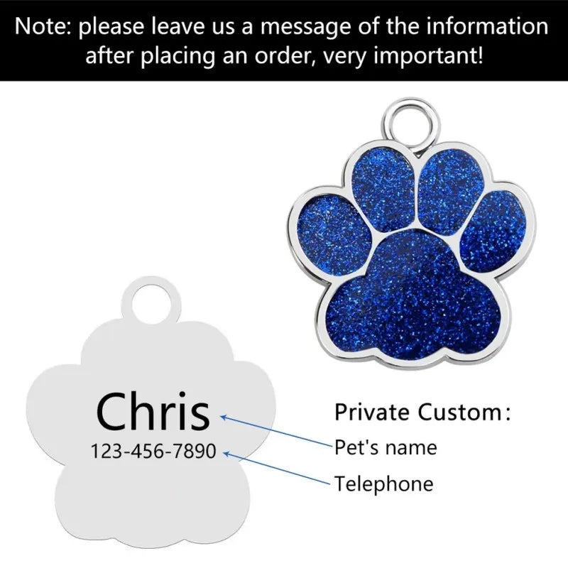 Glitter Paw Dog ID Tag, Engraved Stainless Steel Pet Tag