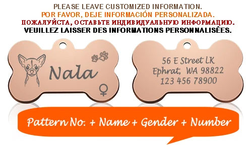Engraved Dog Face Bone ID Tag, Personalized with Name and Gender