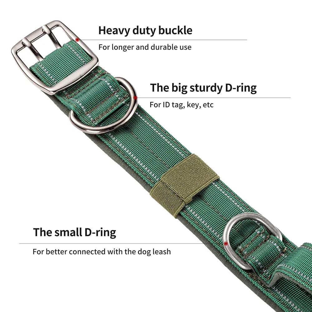 Tactical Dog Collar with Handle, Double Buckle and Patches