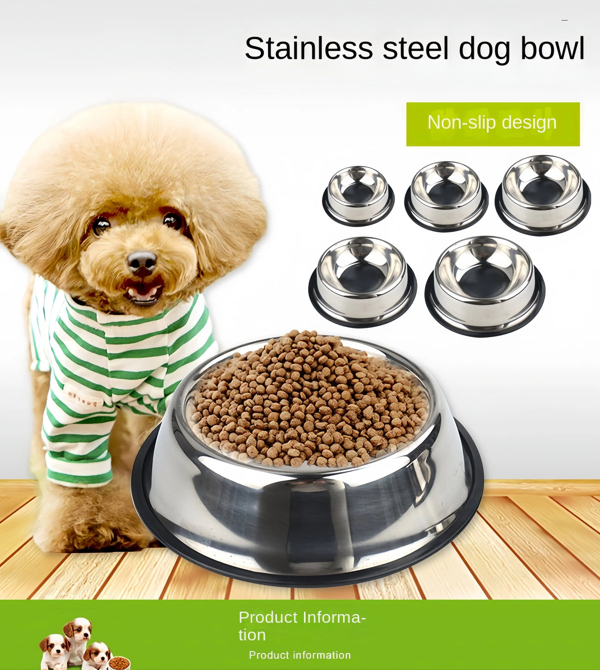 Stainless Steel Dog Bowl with Non-Slip Base, 5 Sizes