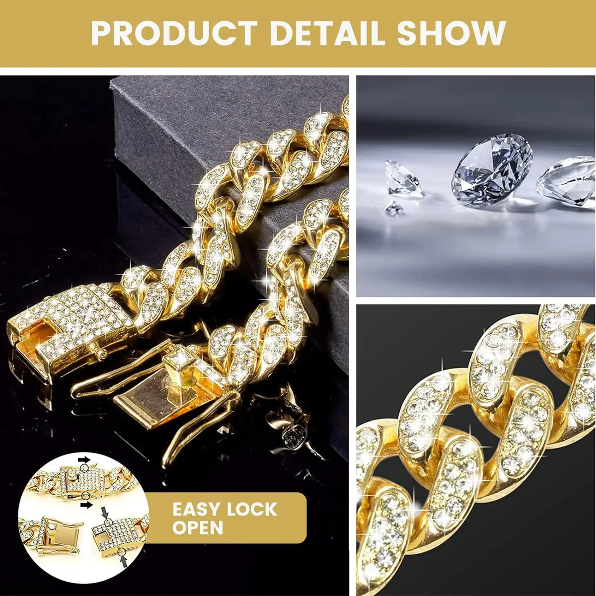 Cuban Link Dog Chain Necklace with Zirconia Stones, 6 Colors