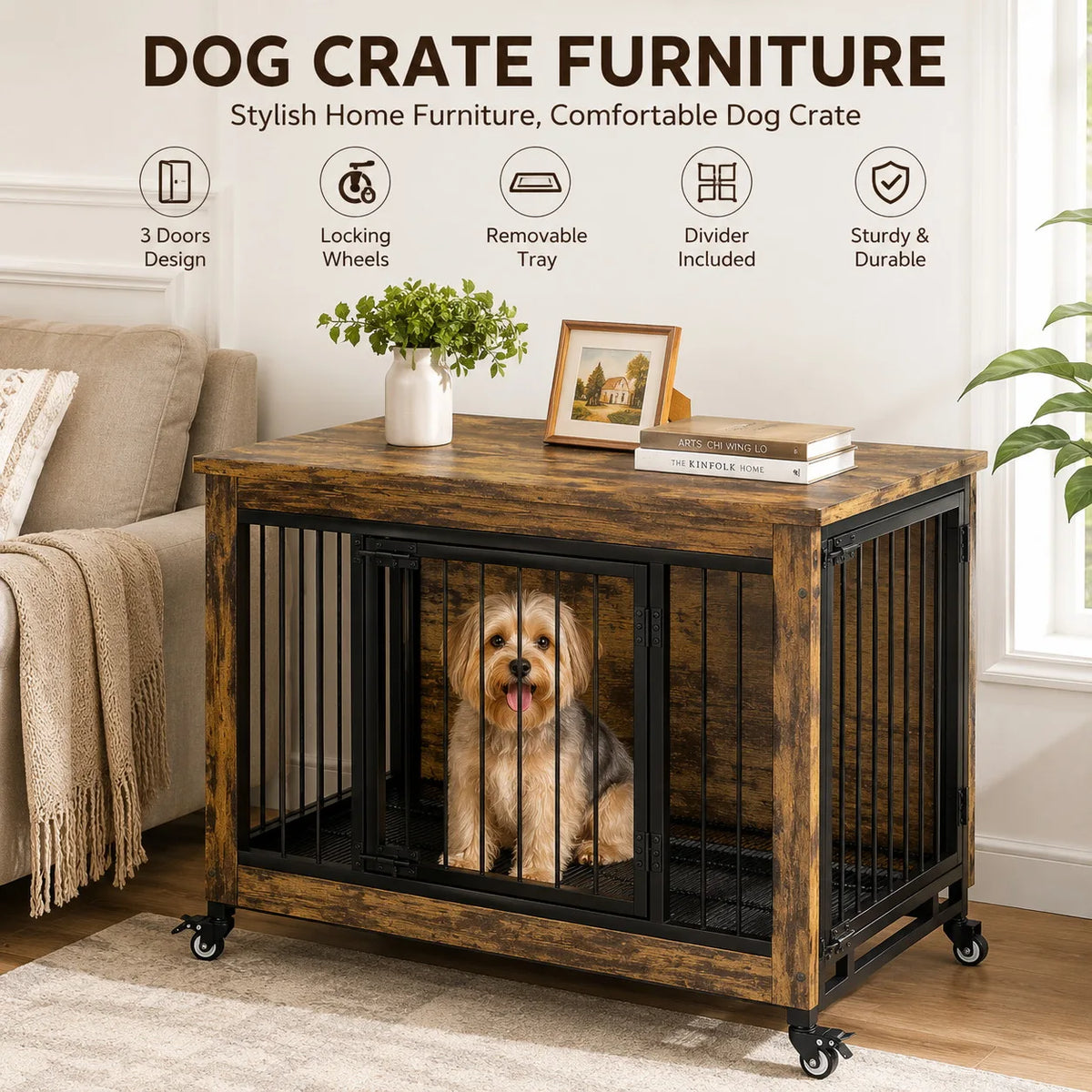 38 Inch Dog Crate Furniture with 3 Doors & Wheels