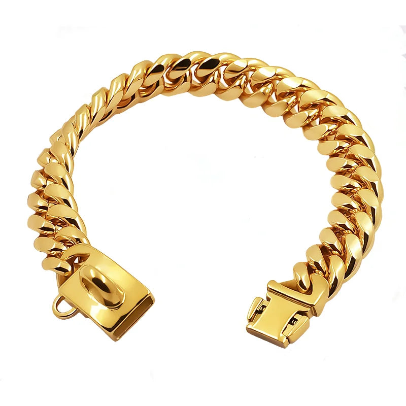Stainless Steel Cuban Link Dog Chain Collar, 14 mm, Gold or Silver