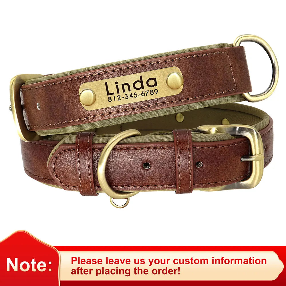 PU Leather Dog Collar with Engraved Nameplate ID Tag, Padded