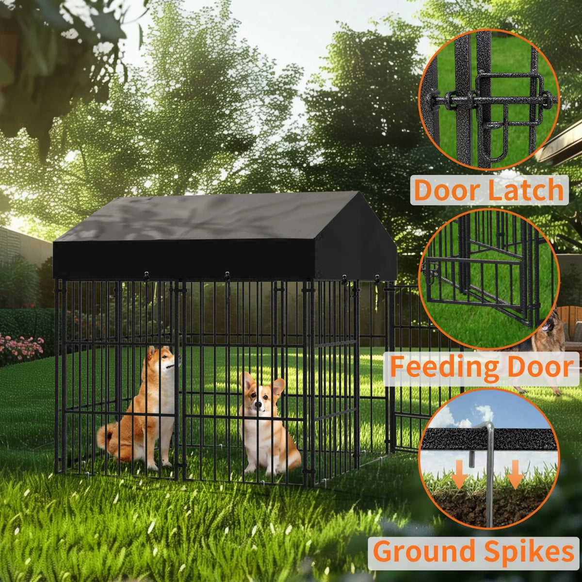 Outdoor Dog Kennel with Roof, Heavy Duty Metal Run