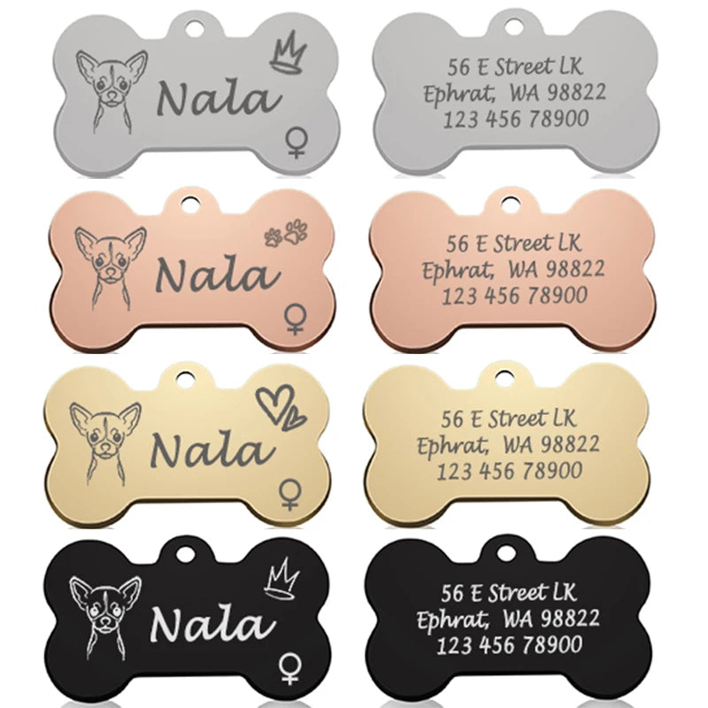 Engraved Dog Face Bone ID Tag, Personalized with Name and Gender
