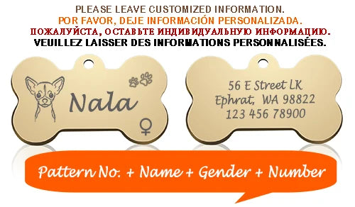Engraved Dog Face Bone ID Tag, Personalized with Name and Gender
