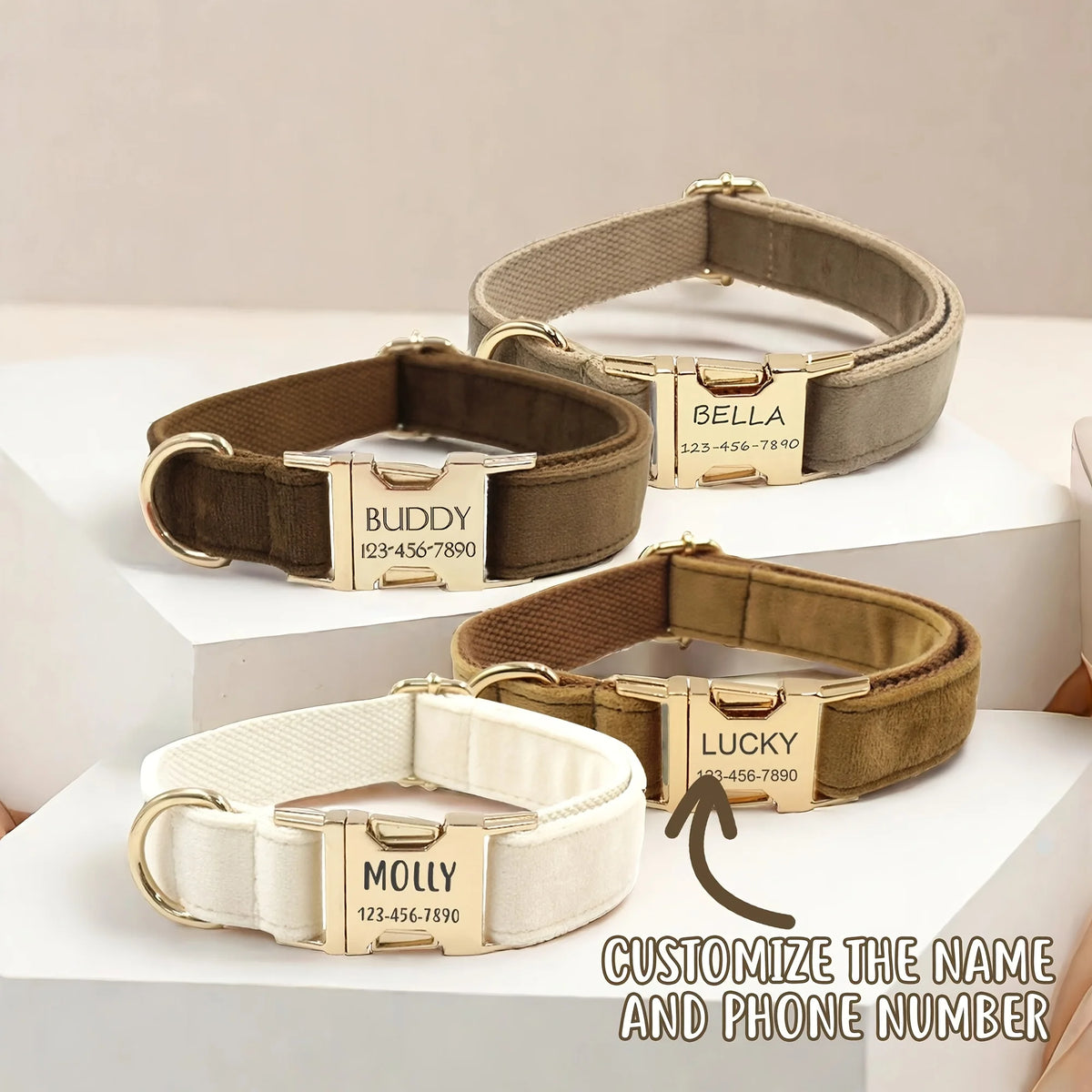 Personalized Velvet Dog Collar with Engraved Name ID Tag