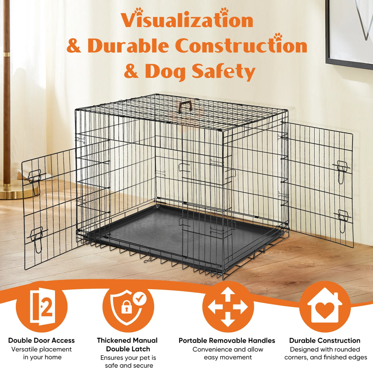 48 Inch Double Door Folding Dog Crate with Leak-Proof Tray