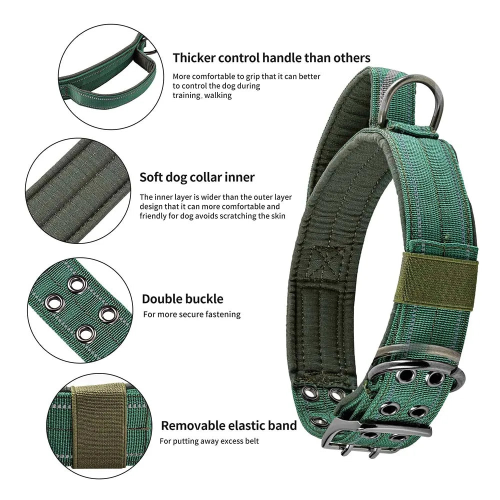 Tactical Dog Collar with Handle, Double Buckle and Patches