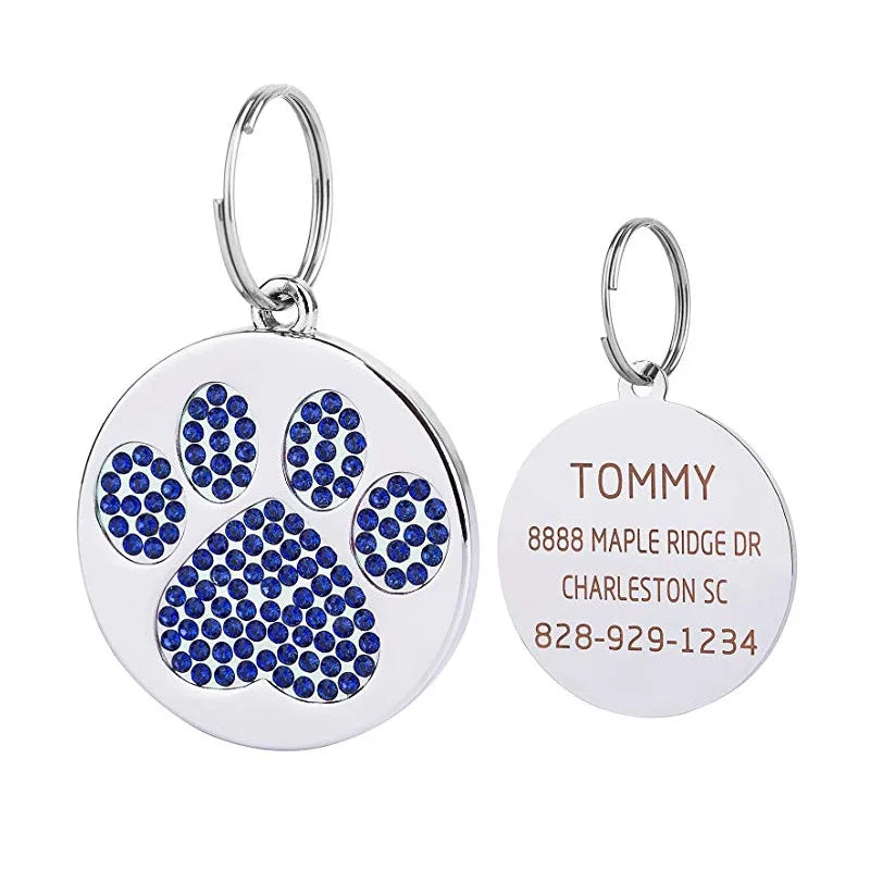 Glitter Paw Dog ID Tag, Engraved Stainless Steel Pet Tag