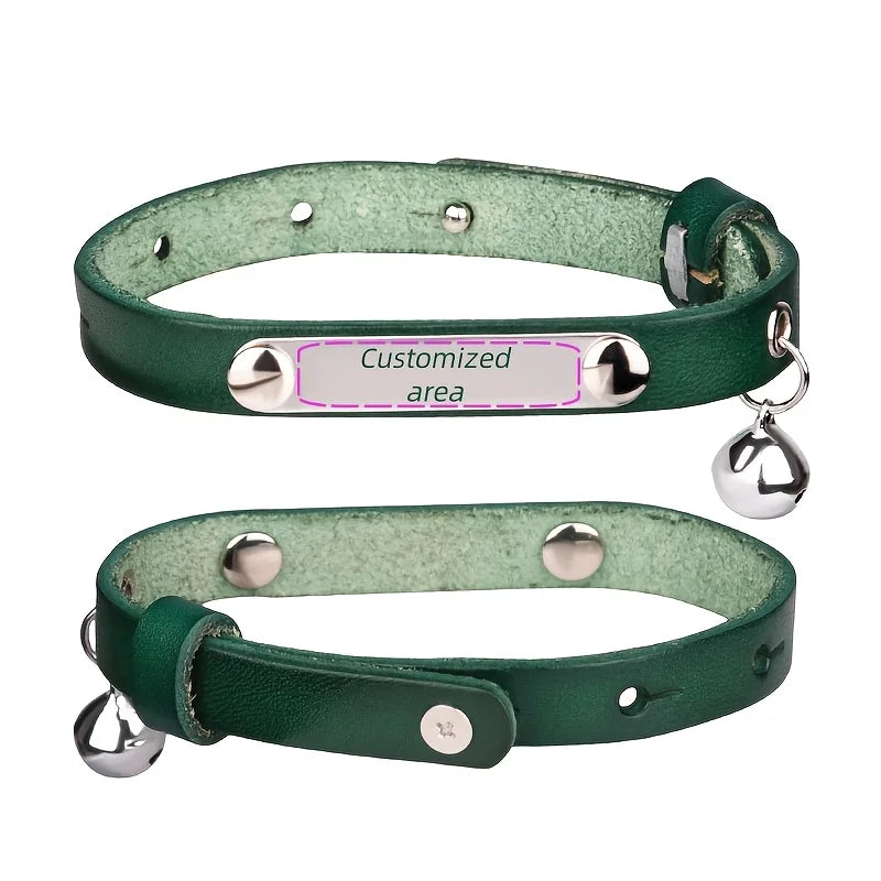 Personalized Leather Cat Collar with Bell and Engraved Nameplate