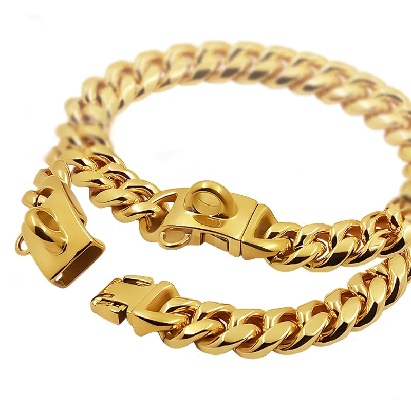 Stainless Steel Cuban Link Dog Chain Collar, 14 mm, Gold or Silver