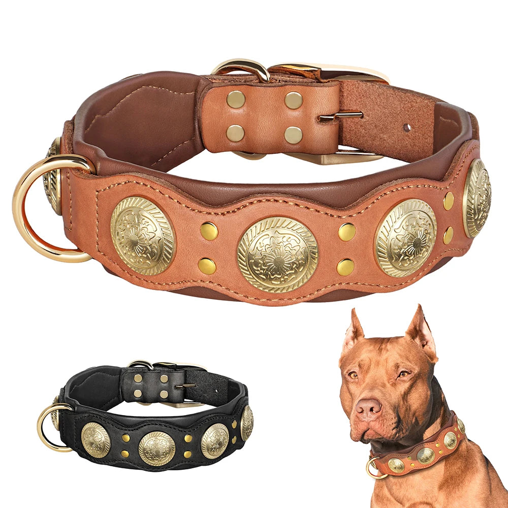 Real Leather Spiked Studded Dog Collar for Medium and Large Dogs